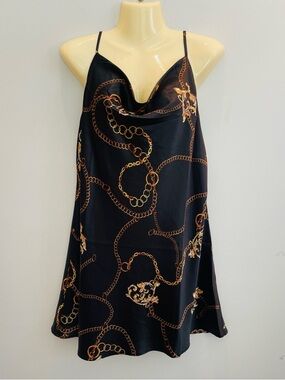Buddy Love Dress NWT Black Satin Scarf with Gold Chain Print Women’s M